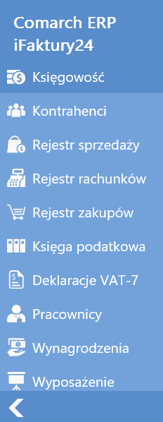 Rys. Menu nawigacji - Księgowość Uwaga: Widoczność list Faktury sprzedaży i Rachunki oraz Rejestr sprzedaży i Rejestr rachunków uwarunkowana jest parametrem w Konfiguracji / Parametry / Faktury /