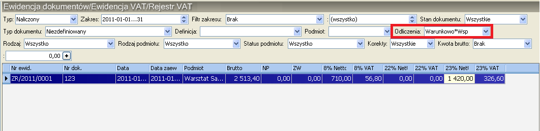 Każdy w ten sposób oznaczony element jest odpowiednio dzielony podczas obliczania deklaracji VAT-7 za dany miesiąc. 2.4 Rejestr VAT zakupów z odliczeniem warunkowym.