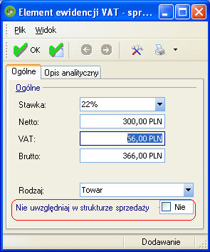 Na elementach VAT w dokumentach sprzedaży został umieszczony parametr NNS (Nie uwzględniaj w strukturze sprzedaży) zaznaczamy