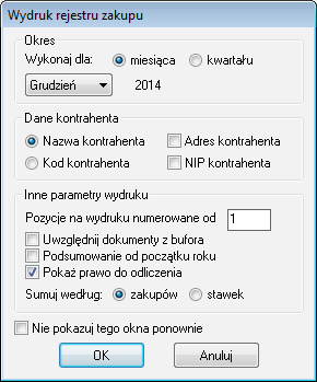 Dla powyższych wydruków zostało zmodyfikowane okno parametrów wydruku. Dodano nowy parametr Pokaż prawo do odliczenia.