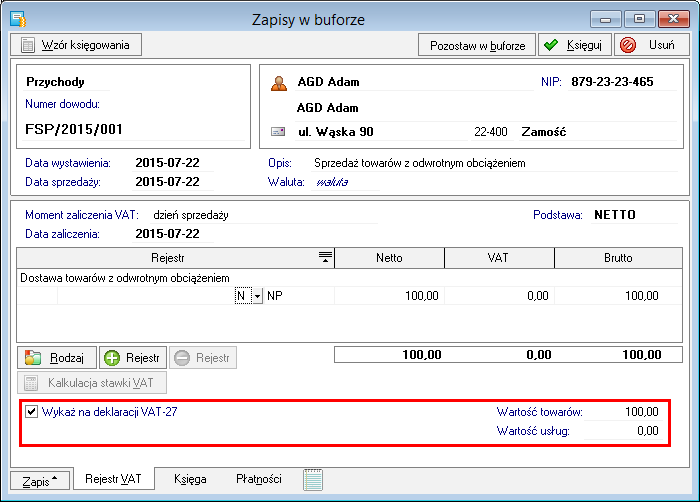 Wersja 2015.d Deklaracja VAT-27 Dodana została obsługa deklaracji VAT-27. Dla zapisów sprzedaży dodano pole Wykaż na deklaracji VAT-27.