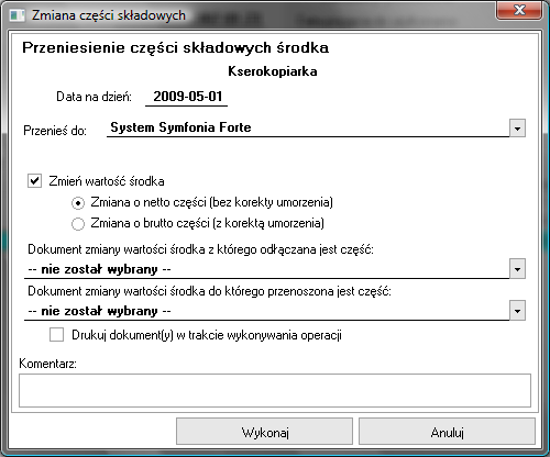 Symfonia Środki Trwałe 3 / 7 Po usunięciu części składowej użytkownik ma możliwość wyboru w jaki sposób program powinien dokonać zmiany wartości początkowej środka trwałego.