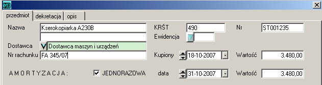 Rysunek 1.45: Amortyzacja środków o niskiej wartości 1. Odszukać na liście środek i nacisnąć klawisz. 2. Wybrać, linię w którym roku nastąpiła modernizacja i nacisnąć i. 3.