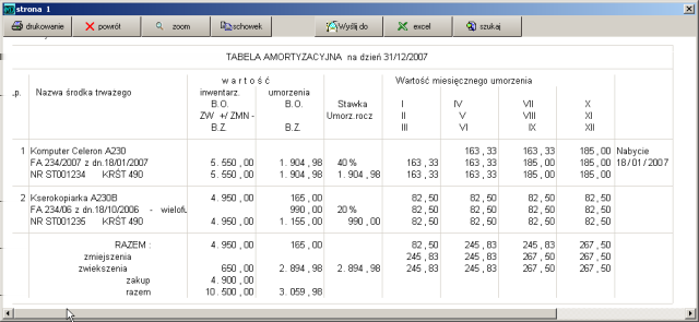 Amortyzacja tabela roczna zestawienie amortyzacji w układzie rocznym, dostępny w opcji środki trwałe w menu AMORTYZACJA - tabela roczna. Rysunek 1.