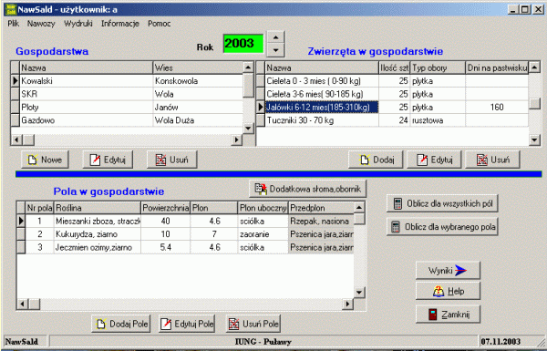 Rys. widok głównego okna programu. Źródło: instrukcja obsługi programu NawSald. 1.3.6 WinPasze 3.0. WinPasze jest programem wspomagającym bilansowanie oraz optymalizację receptur paszowych.