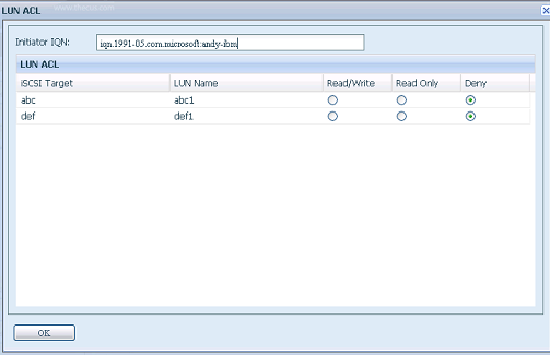 Następnie wpisz wartość parametru Initiator iqn (Inicjator iqn) i skonfiguruj uprawnienia dostępu docelowego woluminu iscsi z dostępnej listy, a następnie zastosuj ustawienia klikając przycisk OK.