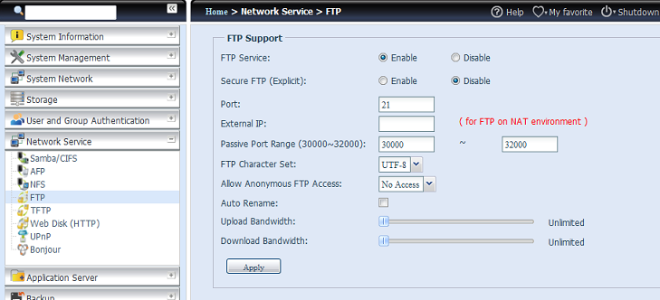 Opis pozycji jest następujący: FTP Pozycja Opis FTP Włącza usługę FTP na dysku sieciowym Thecus.