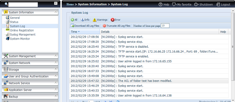 Service Status (Stan usług) Pozycja Opis AFP Status (Stan Stan serwera Apple Filing Protocol. AFP) NFS Status (Stan Stan serwera Network File Service. NFS) SMB/CIFS Status Stan serwera SMB/CIFS.