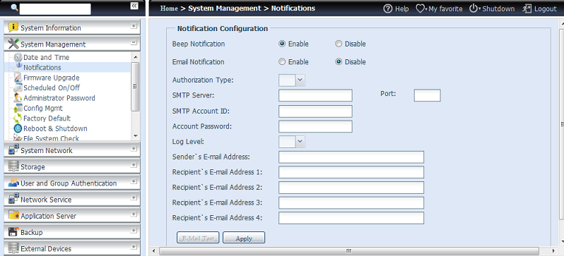 Notification Configuration (Konfiguracja powiadomień) Pozycja Opis Beep Notification (Powiadomienie dźwiękowe) Email Notification (Powiadomienie przez email) Authentication Type (Typ