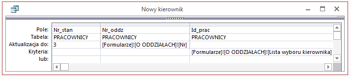 o identyfikator kierownika (etykieta Dane kierownika) =DLookUp("[id_prac]";"Pracownicy";"[nr_stan]=3 and [nr_oddz]=[nr]" dla tego pola ustawić, na zakładce Inne arkusza właściwości, nazwę: id_kier o