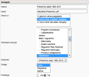 Druga metoda umieszczania plików to umieszczanie bezpośredniej ścieżki do pliku w elemencie menu (np. elementy w Statut i regulaminy lub element Pracownicy szkoły 2009/2010 w Kalendarium ).