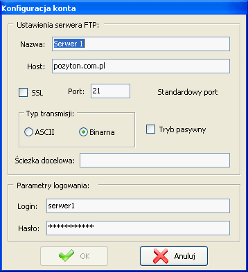 Otwarte zostanie okno przedstawione na Rys. 4-9, za pomocą którego można przejrzeć zdefiniowane serwery FTP, dokonać edycji ich ustawień, usunąć lub dodać nowe.