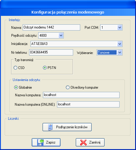 5.2.7 Parametry konfiguracyjne bezpośrednich odczytów modemowych Rys. 5-22 Okno parametrów bezpośrednich odczytów modemowych Parametry konfiguracyjne bezpośrednich odczytów modemowych (Rys.