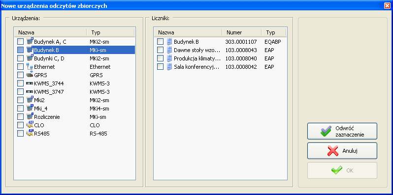 Rys. 6-4 Okno dodawania nowego urządzenia do konfiguracji odczytów zbiorczych Wszystkie zaznaczone liczniki po naciśnięciu przycisku OK zostaną dodane do zaznaczonej konfiguracji, pod warunkiem, że