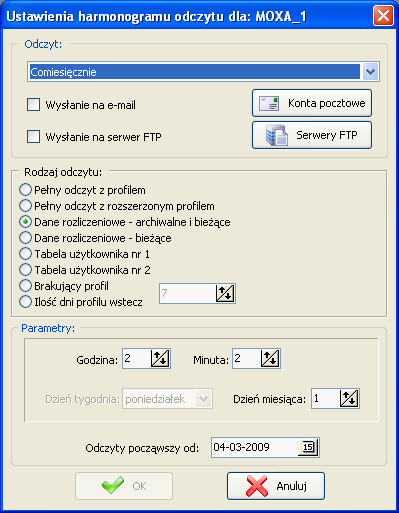 Wysłanie na e-mail zaznaczenie opcji powoduje wysłanie plików odczytowych na określone adresy e-mail; Wysłanie na serwer FTP zaznaczenie tej opcji powoduje wysłanie plików odczytowych na określone