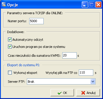 Każda z pozycji realizuje określone funkcje: Rozpocznij odczyt rozpoczyna odczyt online; Zakończ odczyt kończy odczyt online Opcje wywołuje okno z opcjami serwera odczytowego (Rys.