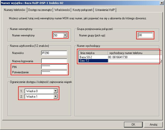 W oknie podajemy parametry jak na rysunku i zatwierdzamy OK. Numer w wypadku użytkownika VoIP jest jednocześnie identyfikatorem SIP.