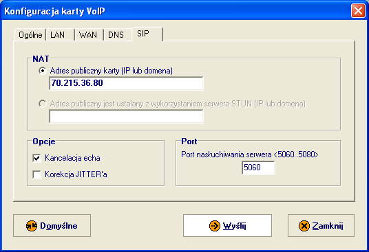 W zakładce SIP należy ustawić adres publiczny IP lub domenę swojej