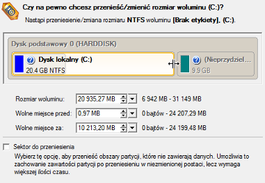 76 3. W otwartym oknie dialogowym metodą "przeciągnij i upuść" przesuń granicę partycji do lewej strony. Podczas tej operacji wolne miejsce partycji zostanie zwolnione (wyświetlone na jasnozielono).