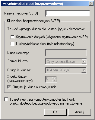 4. Kliknij przycisk Dodaj. Zostanie wyświetlony ekran Właściwości sieci bezprzewodowej. 5. Wpisz nazwę sieci w polu Nazwa sieciowa (SSID). 6.