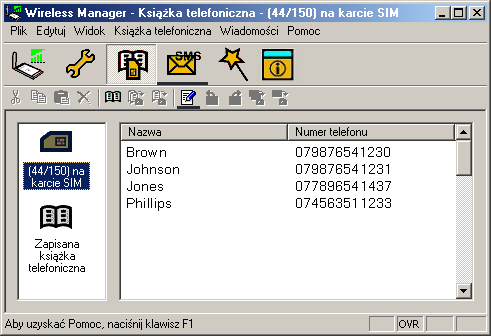Ekran Książka telefoniczna programu Wireless Manager Ekran Książka telefoniczna programu Wireless Manager pomaga w porządkowaniu książki telefonicznej na karcie SIM, którą zawiera karta GC79.