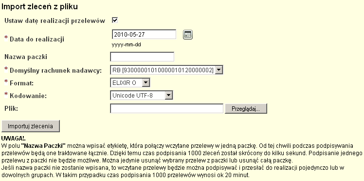 6.1 Klient korporacyjny 6.1.1 Import paczki przelewów W programie Corporate Banking - wersja internetowa, paczkę przelewów można utworzyć jedynie w opcji po wywołaniu funkcji importu przelewów z pliku źródłowego.