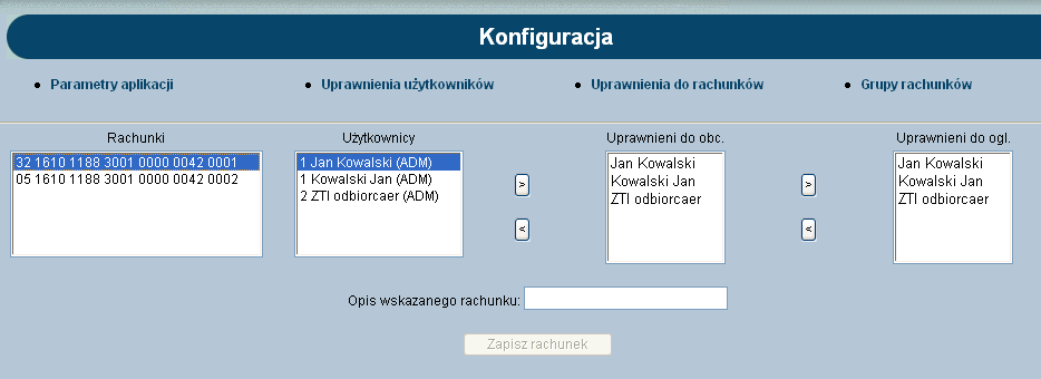 Pozostawienie niezaznaczonej opcji Ukryj rachunki niedostępne do obciążenia prowadzi do wyświetlenia takich rachunków na liście wyboru rachunku do obciążenia w kolorze czerwonym i blokowania ich