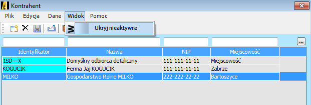 Następnie wybieramy ikonę z symbolem dyskietki ZAPISZ, po czym wybieramy WIDOK i z listy UKRYJ NIEAKTYWNE. Po wykonaniu tej operacji kontrahent zniknie z listy, ale nie zostaje usunięty.