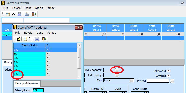 W celu ustalenia stawki VAT należy wejść w ikonę z trzema kropeczkami, skąd