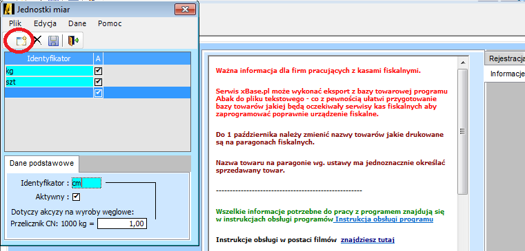 Otworzy się wówczas okno JEDNOSTKI MIAR, w którym należy zaznaczyć ikonę z symbolem białej kartki - DOPISZ NOWĄ JEDNOSTKĘ MIARY W zakładce DANE PODSTAWOWE - uzupełniamy: Identyfikator - będzie