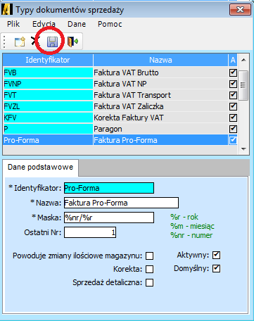 Identyfikator - nazwa skrócona nowego typu dokumentu Nazwa - nazwa nowego typu dokumentu Maska dokumentu - schemat w jakim będzie pokazywał się numer dokumentu.