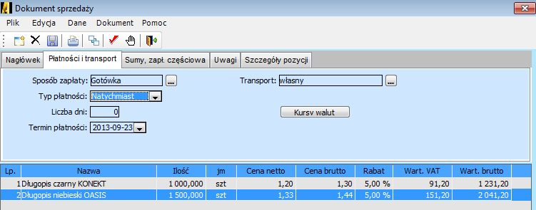 Po wpisaniu wszystkich sprzedawanych towarów / usług należy wypełnić pola w zakładce PŁATNOŚCI I TRANSPORT : sposób zapłaty, typ płatności, termin płatności, transport - wprowadzamy wg ustaleń Po