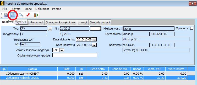 Podobnie postępujemy w przypadku korygowania rabatów i stawek VAT.