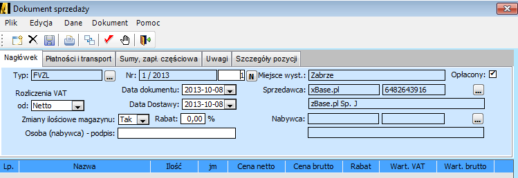 Pozostają nam do uzupełnienia pozostałe pola: Rozliczenia VAT od - z listy należy wybrać wg jakich wartości ma być rozliczana faktura netto/brutto Numer dokumentu - podpowiada się kolejny numer