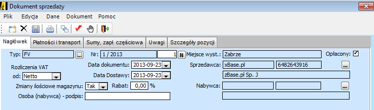 Otworzy się okno dokumenty sprzedaży. W zakładce NAGŁÓWEK wypełnione mają być następujące pola: Typ dokumentu - podpowiadany jest dokument oznaczony jako domyślny.