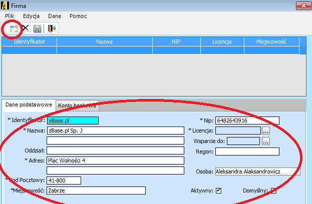 Otworzy się okno FIRMA, gdzie należy wybrać ikonę DODAJ NOWĄ POZYCJĘ i uzupełnić dane poniżej Identyfikator dowolny wpis ten ma ułatwić wyszukiwanie Nazwa - I linia posiada miejsce na 53 znaki, II