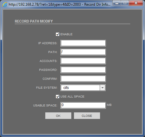 NVIP-1DN5000V/IR-1P User s manual ver.1.1 WWW INTERFACE - WORKING WITH IP CAMERA After selecting NAS server and using MODIFY button, the following window will be displayed: Select ENABLE to activate recording video on NAS.