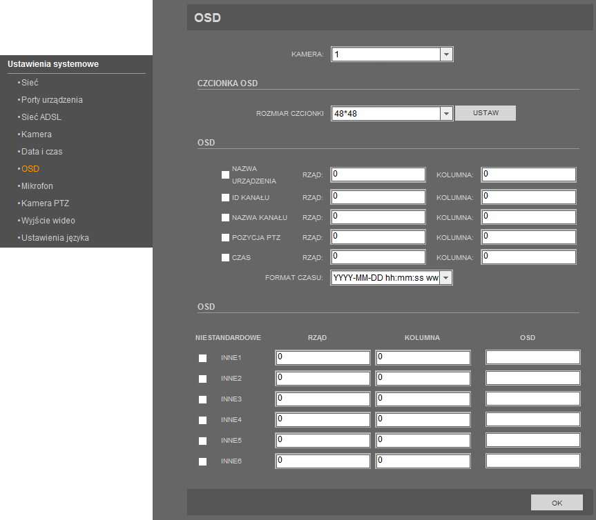 NVIP-1DN5000V/IR-1P Instrukcja obsługi wer.1.0 INTERFEJS WWW - PRACA Z KAMERĄ 4.5.6. OSD W menu OSD można ustawić parametry wyświetlania OSD na strumieniu wideo. KAMERA - domyślny numer kamery to 1.