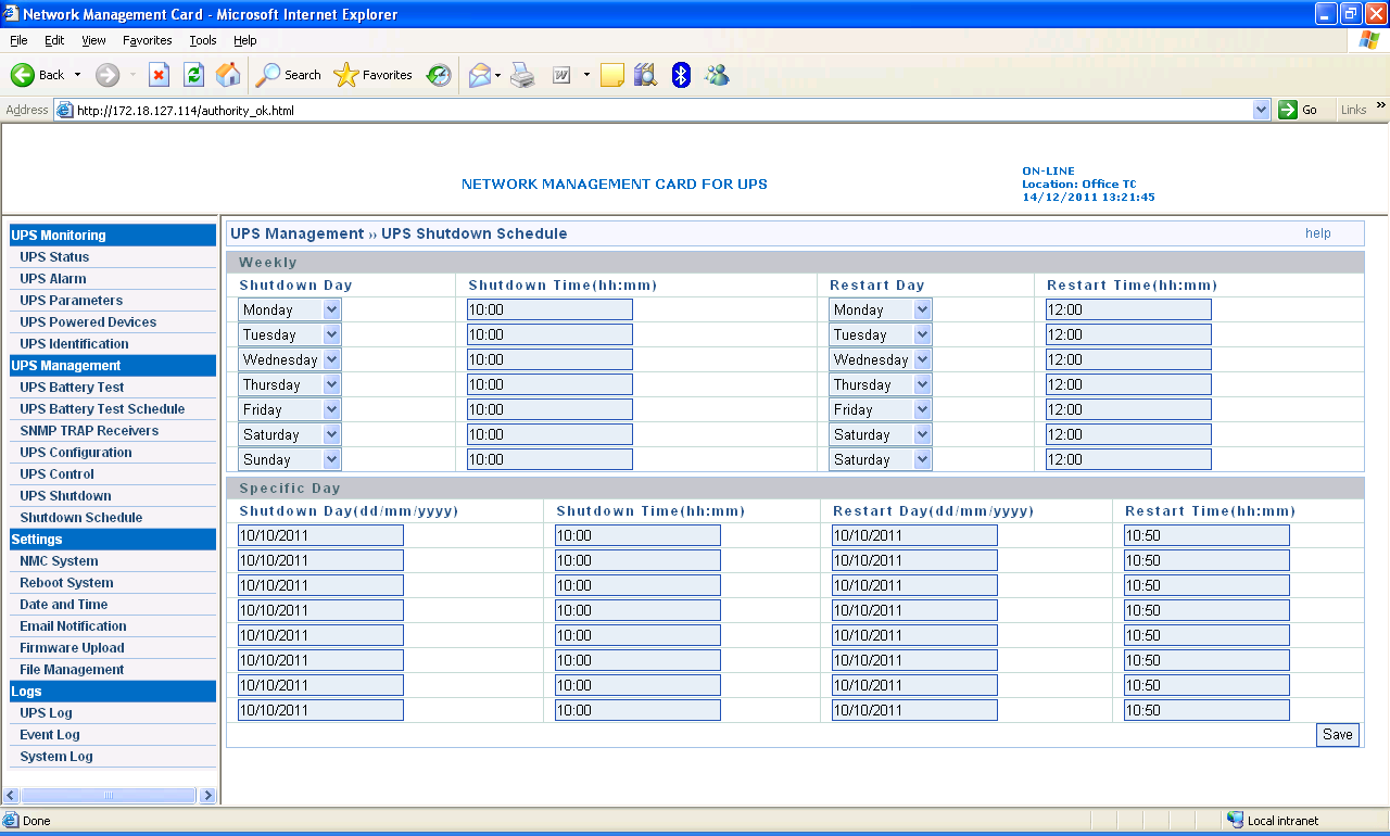 Rys. 15 Menu wysyłania komend do zasilacza (UPS Control) Menu harmonogramu włączeń i wyłączeń zasilacza (UPS Shutdown Schedule) Menu harmonogramu włączeń i wyłączeń zasilacza jest dostępne w zakładce