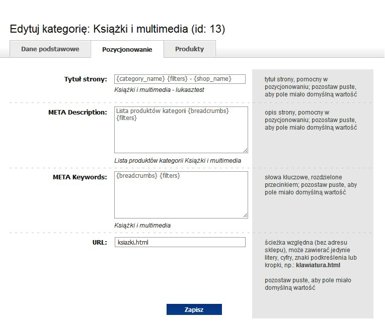 Istnieje możliwość tworzenia indywidualnego adresu URL przyjaznego dla wyszukiwarek dla każdej kategorii. Na przykładzie frazy Świeże Owoce : przykladowysklep.shoper.