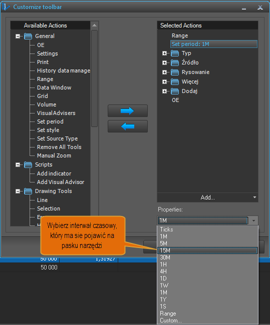 Dla przykładu, dodamy do paska przyciski zmian interwałów czasowych. Wybieramy zatem Ustaw interwał oraz dodajemy opcję do paska klikając na niebieską strzałkę.