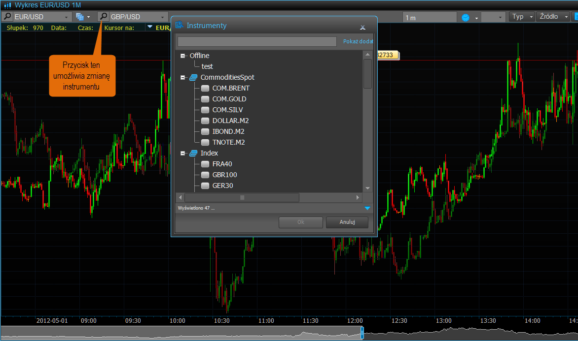Trader może oczywiście w każdej chwili zmienić instrument, który ma się pokazać na wykresie: 8) Łączenie okien wykresów Platforma Alior Trader umożliwia łączenie okien wykresów, co może być przydatne