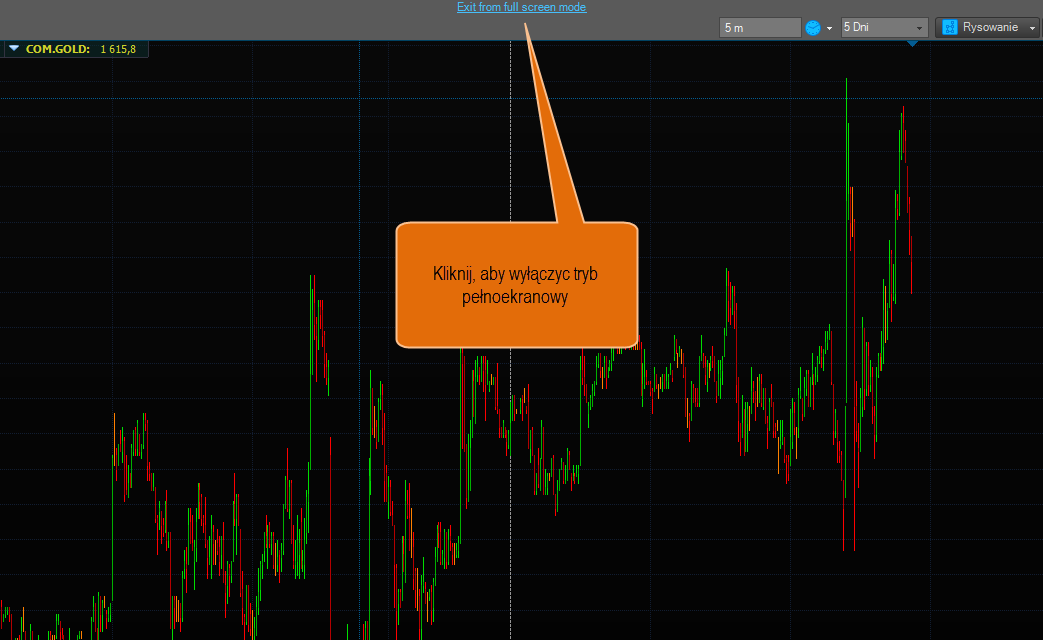 9) Tryb pełnoekranowy Kolejnym bardzo przydatnym narzędziem wykorzystywanym przy aktywnym handlu na kilku wykresach jednocześnie jest opcja trybu pełnoekranowego.