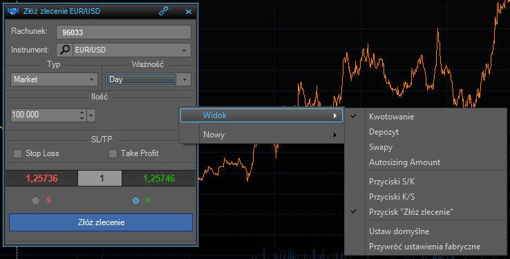 Opcje dostępne w menu Widok to: Kwotowanie pokazuje cenę kupna, sprzedaży oraz spread, Depozyt pokazuje depozyt wymagany do otwarcia pozycji (depozyt wstępny i depozyt utrzymania są równe w przypadku