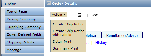 Actions (drop down menu) Create Ship Notice Czynności (menu rozwijane) Utwórz ASN (potwierdzenie wysyłki) Select to create a ship notice.