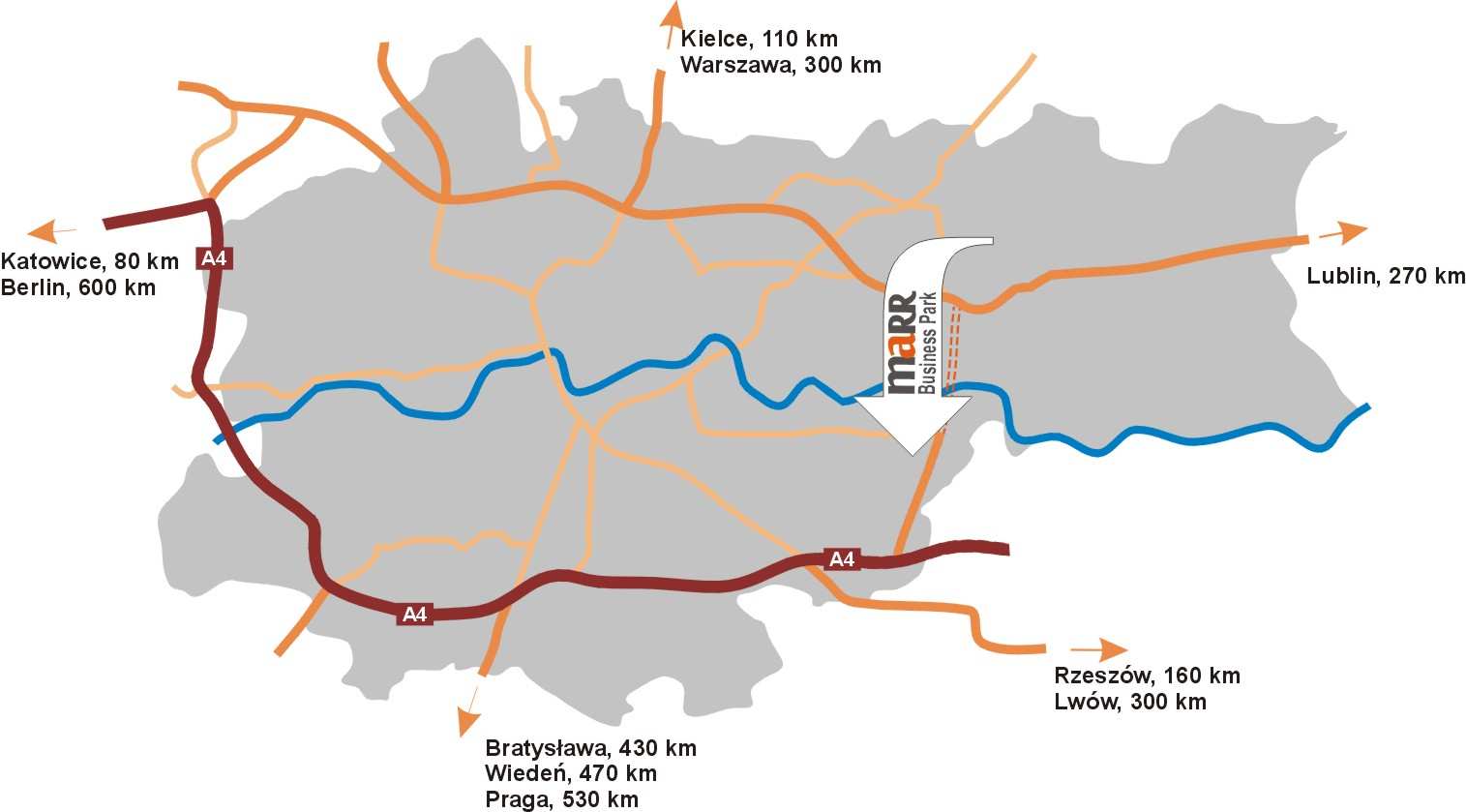 NOWE POWIERZCHNIE MAGAZYNOWE Oferowane powierzchnie magazynowe i biurowo-socjalne znajdować się będą w kompleksie obiektów położonych są na terenie MARR Business Park, zlokalizowanym w Krakowie, przy