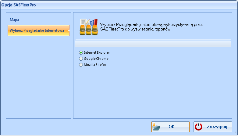 Zakładka Wybór Przeglądarki dostępna w zakładce "Opcje" po wyborze przycisku "Opcje", pozwala na wybór domyślnej przeglądarki internetowej, w której prezentowane będą raporty.