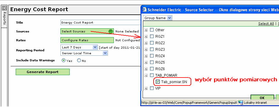 ION Enterprise Instrukcja obsługi interfejsu WEB 5 W polu Title moŝna zmienić domyślny tytuł raportu. PoniŜej znajduje się link Select Sources, który wywołuje listę wyboru punktów pomiarowych (rys.2).