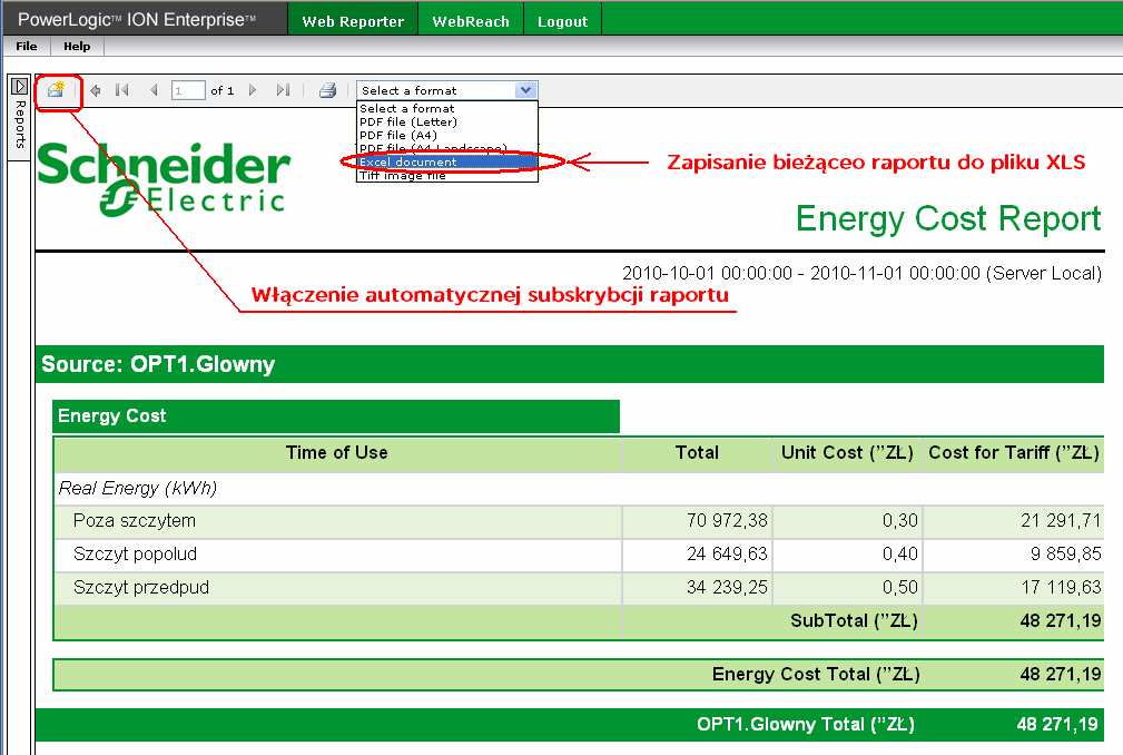 ION Enterprise Instrukcja obsługi interfejsu WEB 7 Rys.5 Przykład gotowego raportu 3.2 Subskrypcja raportu Raporty mogą być generowane automatycznie przez system.