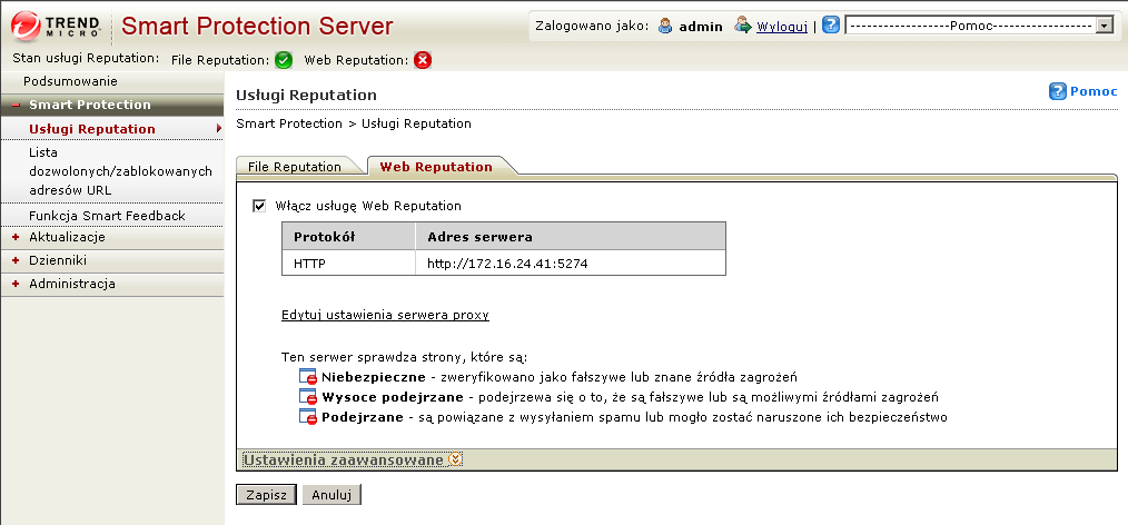 Korzystanie z serwera Smart Protection Server Usługa Web Reputation Włącz usługę Web Reputation, by móc obsługiwać zapytania dotyczące adresów URL od punktów końcowych.